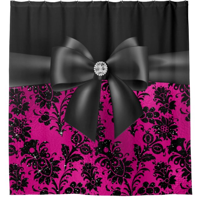 Glam Black Bow-Black Stencil-Hot Pink Shower Curtain (Front)