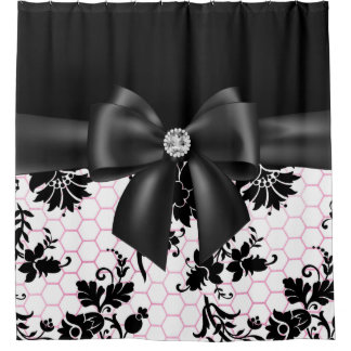 Glam Black Bow-Black Stencil-White Pink  Shower Curtain