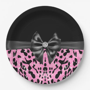 Glam Black Bow Diamond Pink Glitter Leopard Paper Plate