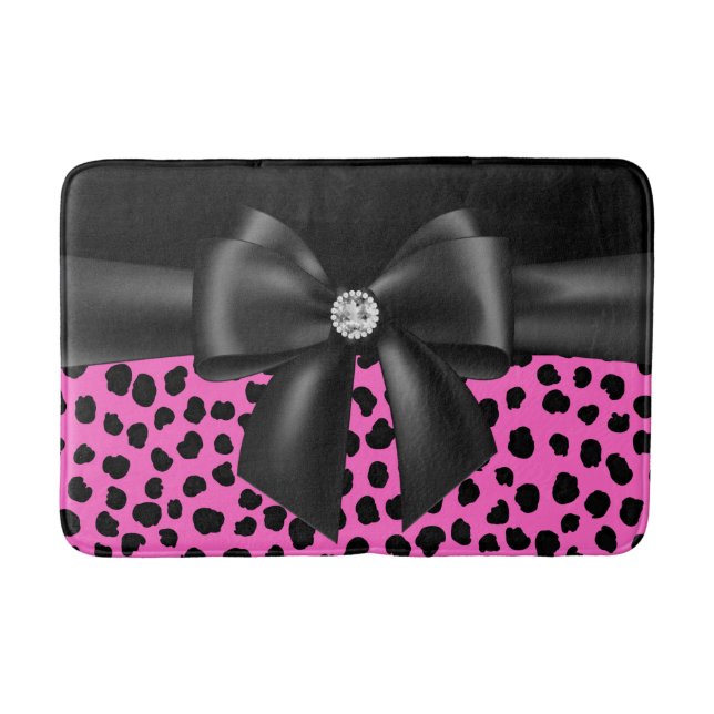 Glam Black Bow-Pink Leopard Print-Black Bath Mat (Front)