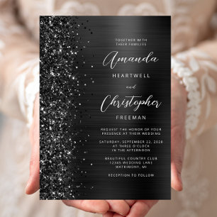Glam Black Brushed Metal Glitter Script Wedding Invitation