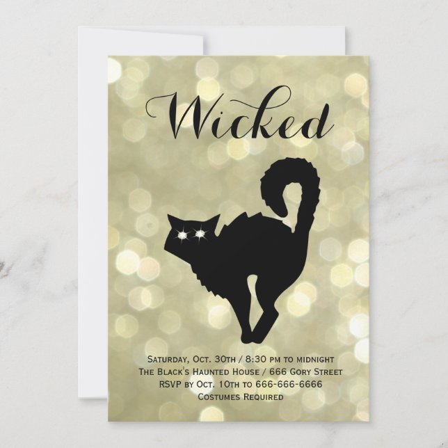 Glam Black Cat on Gold Halloween Costume Party Invitation (Front)