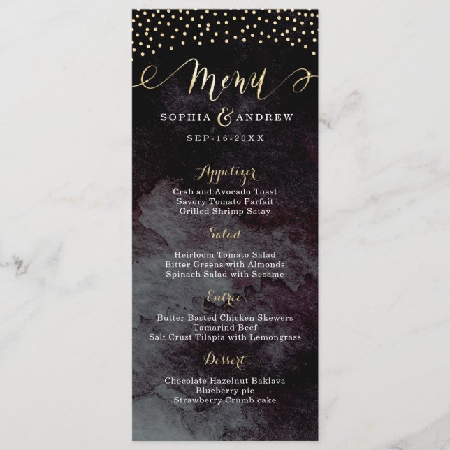 Glam black faux gold calligraphy wedding menu (Front)