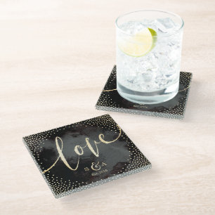 Glam black faux gold glitter calligraphy love glass coaster