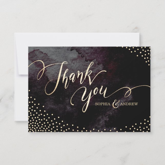 Glam black faux gold glitter calligraphy thank you (Front)