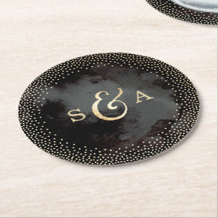 Glam black faux gold glitter wedding monogram round paper coaster