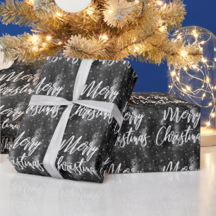 Glam Black Floral Glitter Merry Christmas Script Wrapping Paper