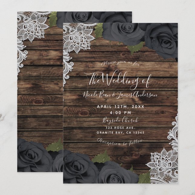 Glam Black Floral Roses Rustic Wood Lace Wedding Invitation (Front/Back)