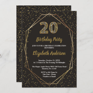 Glam Black Gold 20th Birthday Party Invitation