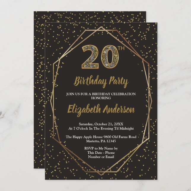 Glam Black Gold 20th Birthday Party Invitation (Front/Back)