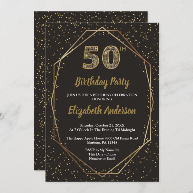 Glam Black Gold 50th Birthday Party Invitation (Front/Back)
