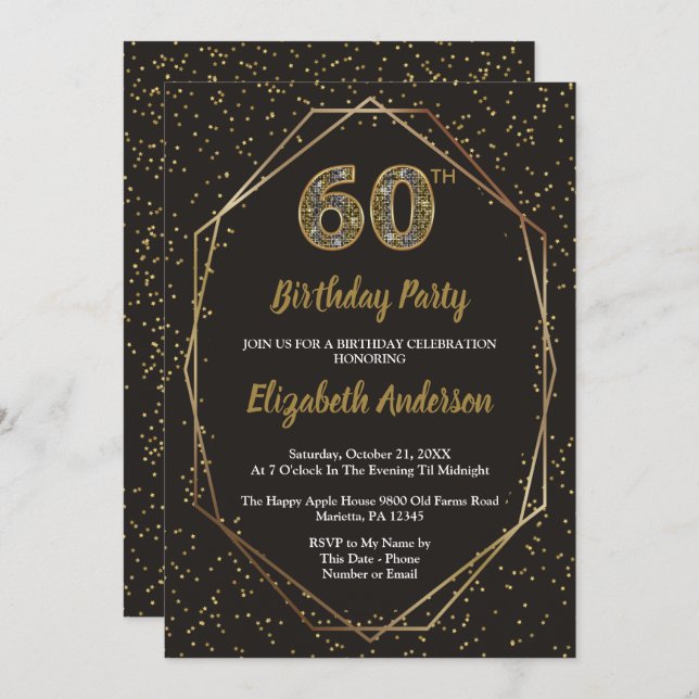 Glam Black Gold 60th Birthday Party Invitation (Front/Back)