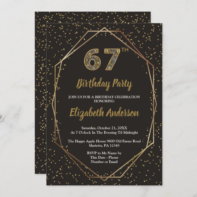 Glam Black Gold 67th Birthday Party Invitation (Front/Back)