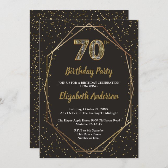 Glam Black Gold 70th Birthday Party Invitation (Front/Back)