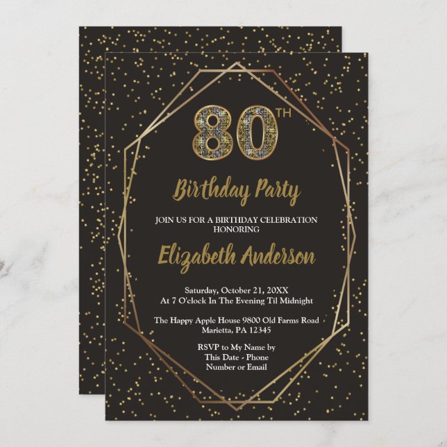 Glam Black Gold 80th Birthday Party Invitation (Front/Back)