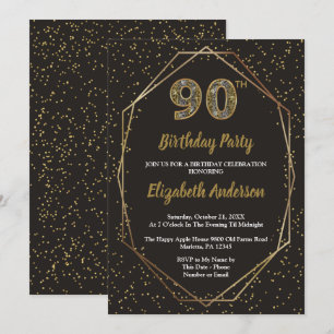 Glam Black Gold 90th Birthday Party Invitation