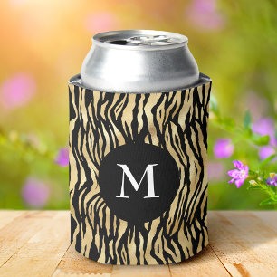 Glam Black Gold Animal Print Pattern Cool Monogram Can Cooler