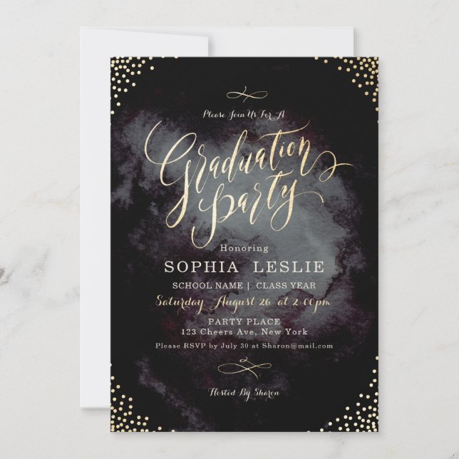 Glam black gold calligraphy graduation party invitation (Front)