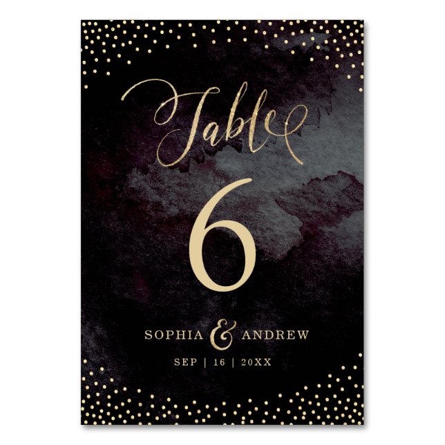 Glam black gold calligraphy wedding table number (Front)