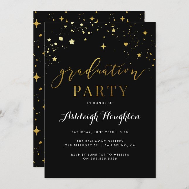 Glam Black & Gold Confetti Graduation Party Invitation (Front/Back)