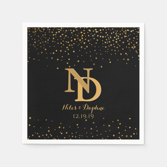 Glam Black Gold Confetti Wedding | Chic Monogram Napkin (Front)