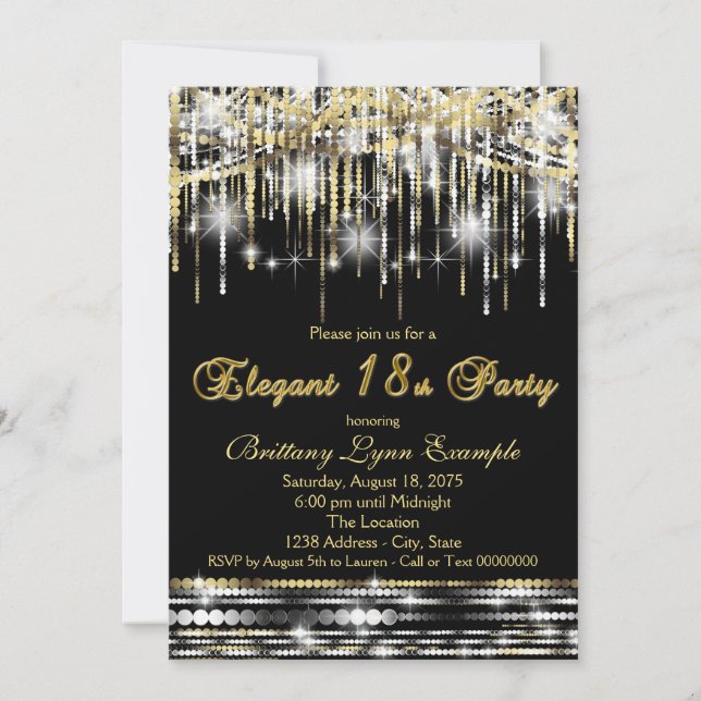 Glam Black Gold Elegant 18th Birthday Party Invitation (Front)