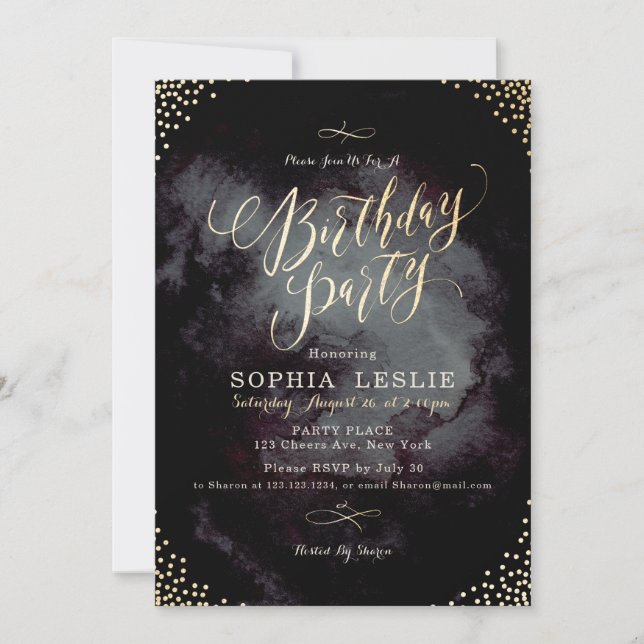 Glam black gold glitter calligraphy birthday party invitation (Front)