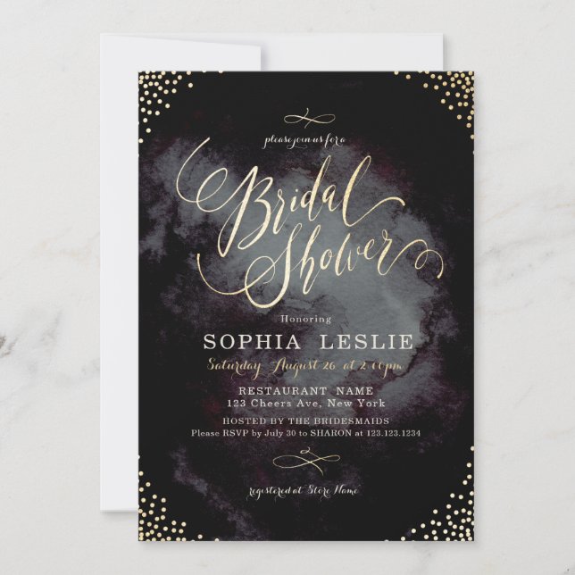 Glam black gold glitter calligraphy Bridal Shower Invitation (Front)