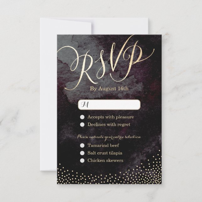 Glam black gold glitter calligraphy wedding RSVP (Front)