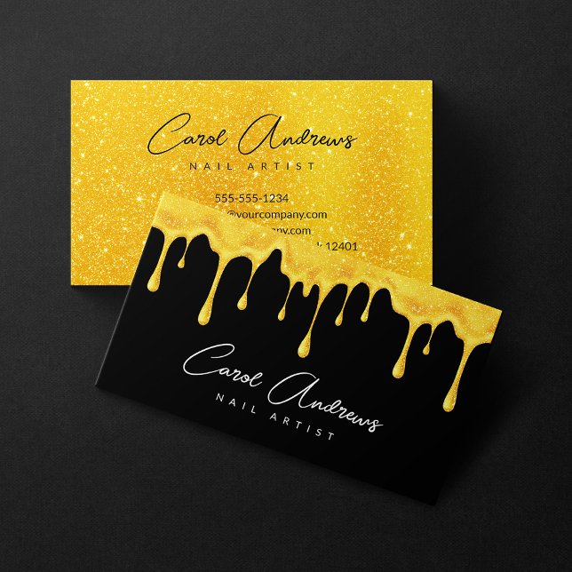 Glam Black Gold Glitter Drips Nail Artist Salon Business Card (Creator Uploaded)