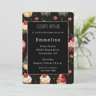 Glam Black Gold Glitter Glitzy Cupcakes Birthday Invitation