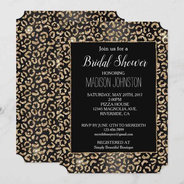 Glam Black Gold Glitter Leopard Invitation (Front/Back)