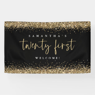 Glam Black Gold Glitter Name Welcome 21st Banner