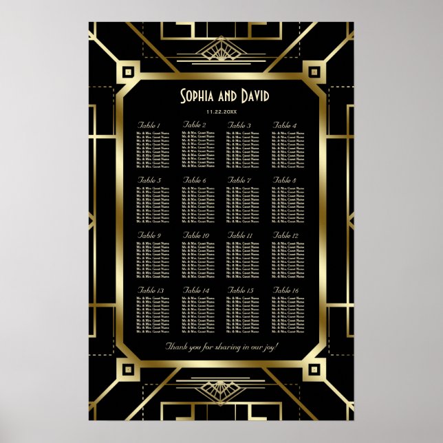 Glam Black Gold Great Gatsby 20s Seating Chart (Front)