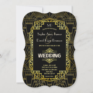 Glam Black & Gold Great Gatsby Art Deco Wedding Invitation