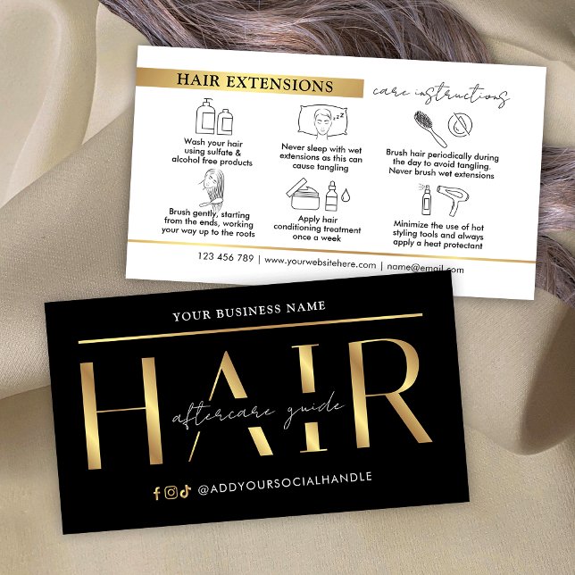 Glam Black Gold Hair Extensions Care Instructions Business Card (Modern black and gold hair extensions aftercare cards with icons)