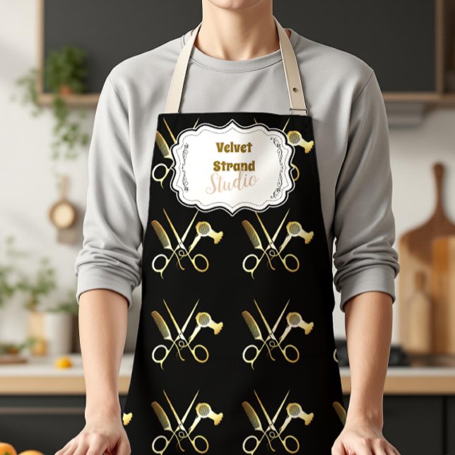 Glam Black Gold Hair Stylist Business Apron (Creator Uploaded)