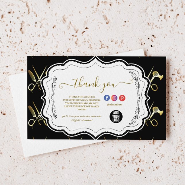 Glam Black Gold Hair Stylist Business Thank You Card (Creator Uploaded)