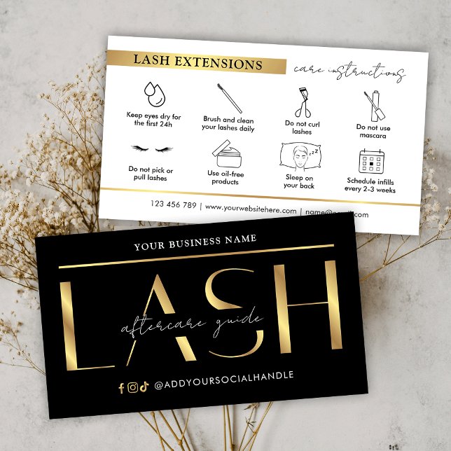 Glam Black & Gold Lash Extensions Aftercare Guide Business Card (Creator Uploaded)