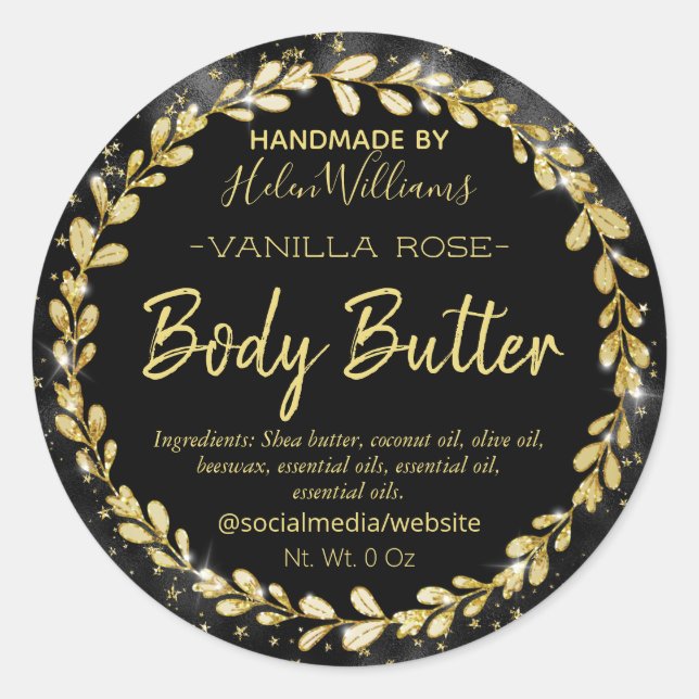 Glam Black Gold Leafy Frame Body Butter Labels (Front)