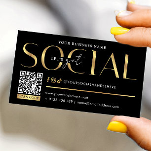 Glam Black & Gold Let's Get Social Media QR Code Business Card