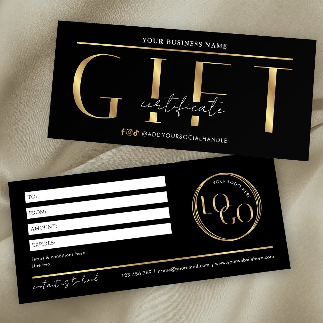 Glam Black & Gold Logo Spa Salon Gift Certificate (Modern black and gold effect gift certificate with space for your custom text and logo)