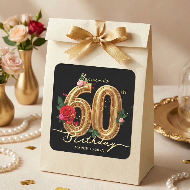 Glam Black Gold Red Rose Floral 60th Birthday Square Sticker (Creator Uploaded)
