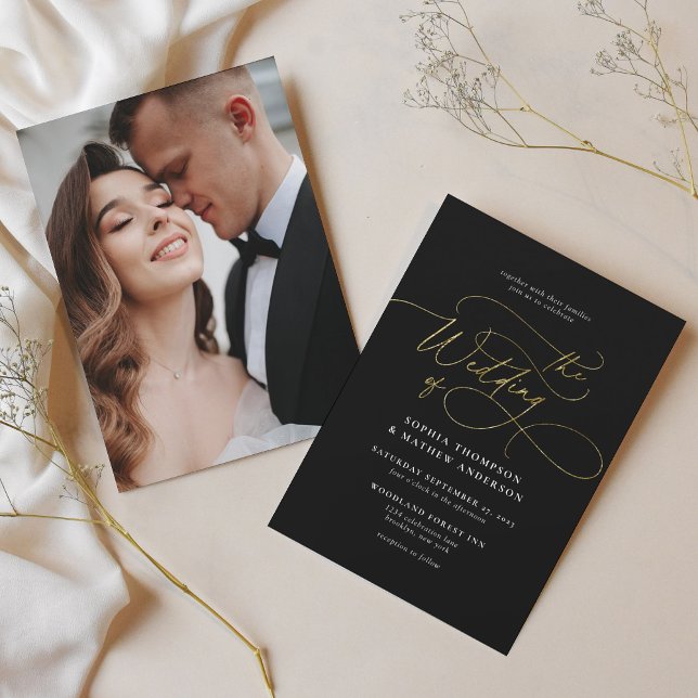 Glam Black Gold Script Calligraphy Photo Wedding Invitation (Creator Uploaded)