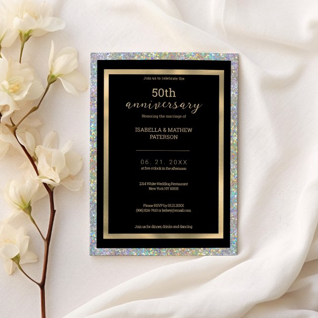 Glam black gold silver 50th Wedding Anniversary  Invitation (Glam black gold silver 50th Wedding Anniversary )