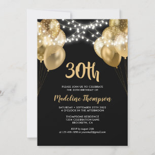 Glam Black Gold String Light Balloon Birthday Invitation