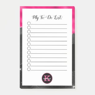 Glam Black Gray Hot Pink Waves Monogram To-Do List Post-it Notes