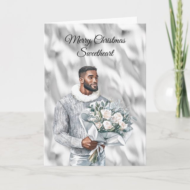 Glam Black Guy Silver Christmas Card (Front)