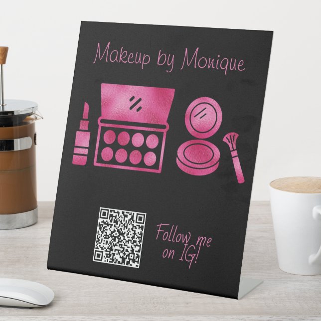 Glam Black & Hot Pink Makeup Artist QR Code Pedestal Sign (In SItu)