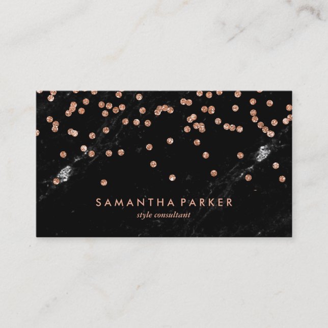 Glam Black Marble Look and Faux Rose Gold Confetti Business Card (Front)